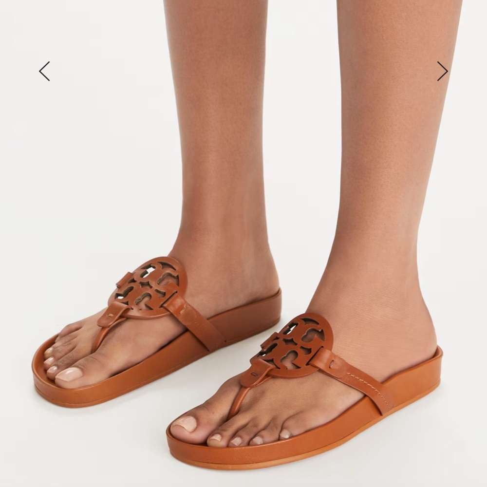 Tory Burch Cognac Leather Logo Thong Sandals
